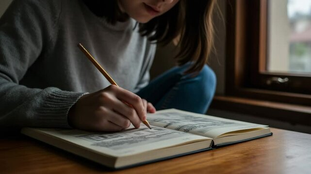 Young woman writing in notebook by the window in soft light  