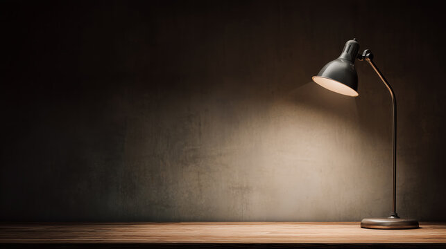 Minimal desk lamp illuminating a dark wall in warm lighting - Powered by Adobe