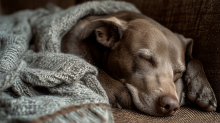 Adorable dog sleeping wrapped in soft blanket on a cozy couch