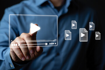 Man Interacting with Digital Video Player and Files Interface