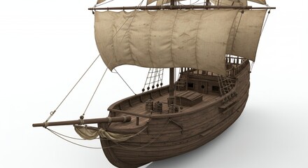 Detailed 3D Model of Weathered Portuguese Caravel with Tattered Beige Sails on a White Background High Angle View