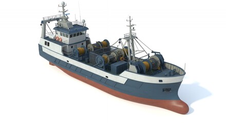 Fototapeta premium Detailed 3D Render of Blue and White Fishing Trawler with Red Hull Isolated on White Background Maritime Industry