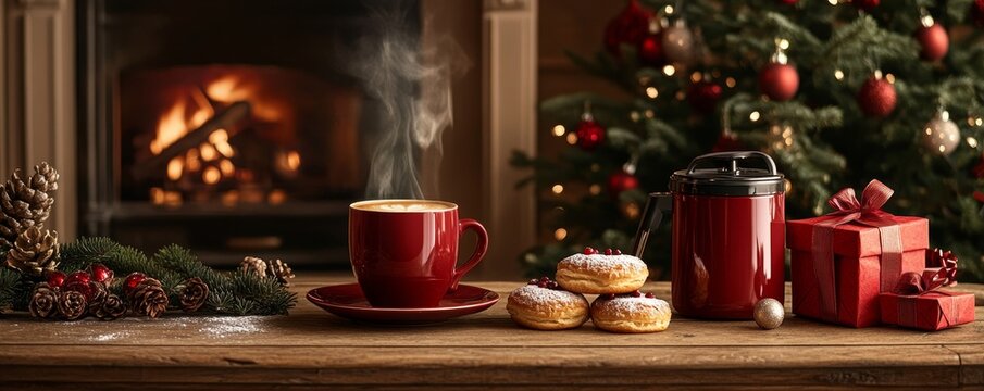cozy holiday morning scene with steaming coffee, pastries, and presents under a twinkling Christmas tree, Generative AI - Powered by Adobe