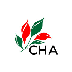 CHA Minimalist Nature Logo with Red and Green, Leaf Design CHA Later Logo on White Background
