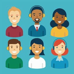 Flat vector set of five diverse customer service representatives with headsets, various ethnic backgrounds, smiling, simple avatars