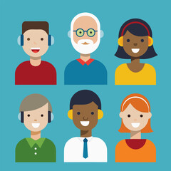 Flat vector set of five diverse customer service representatives with headsets, various ethnic backgrounds, smiling, simple avatars