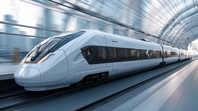 Fototapeta Modern high-speed train traveling through a futuristic station in motion
