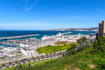 Aerial view of ships, yachts and boats in the seaport of Tangier. Morocco