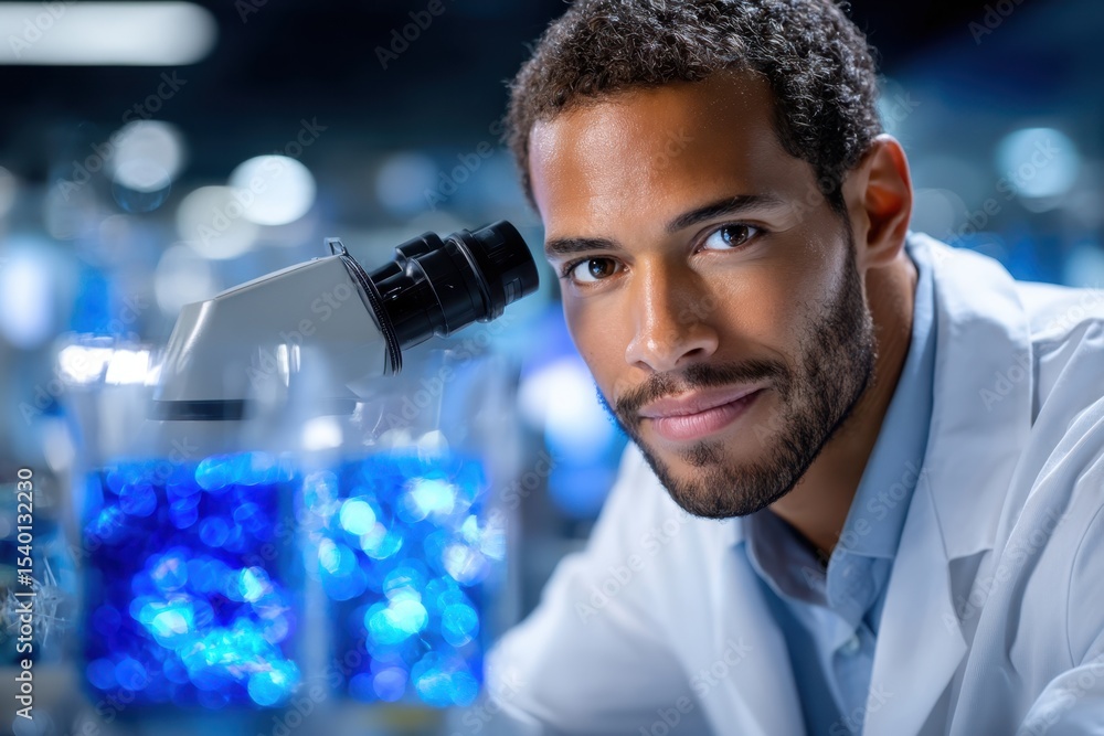 Poster scientist examining samples under a microscope in a modern laboratory setting