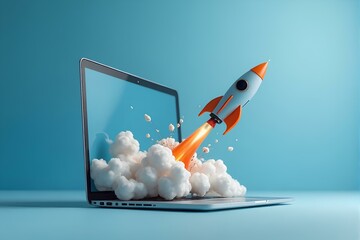 Rocket coming out of laptop screen, blue background. AI Digital Illustration Symbolizing Business Growth, Startup Launch, and Innovation Acceleration