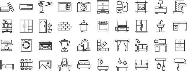 Home Interior and Furniture Line Icons set – Appliances, Room Decor, Furniture, and Household Items