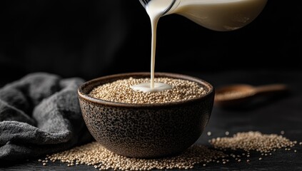 Creamy quinoa being poured into a bowl