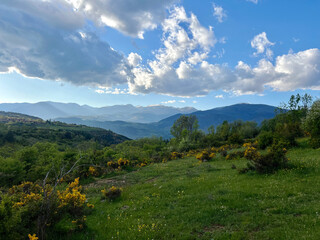 Scenic view of rolling hills, mountains, and a cloudy sky under sunlight. Mountain range with wildflowers. Landscape with Rolling Hills and Cloudy 