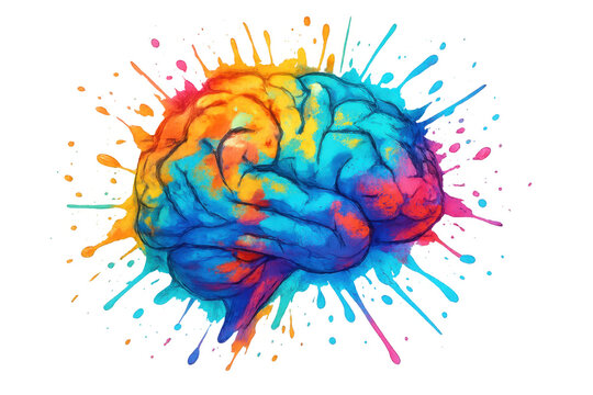 Human brain exploding with colors, symbolizing creativity, ideas, and imagination, on a transparent background