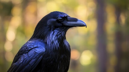 Fototapeta premium Close-up of a raven in a forest with soft sunlight on its feathers