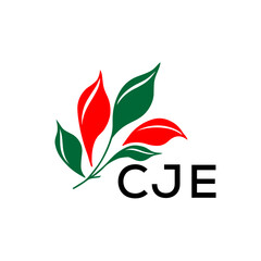 CJE Minimalist Nature Logo with Red and Green, Leaf Design CJE Later Logo on White Background
