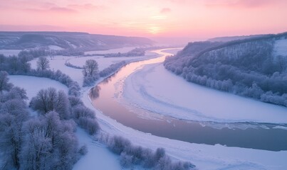 serene winter landscape of a frozen river meandering through snow-covered hills, with a soft pink sky, Generative AI