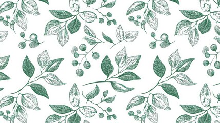 Seamless pattern with green leaves and berries, botanical illustration engraving style