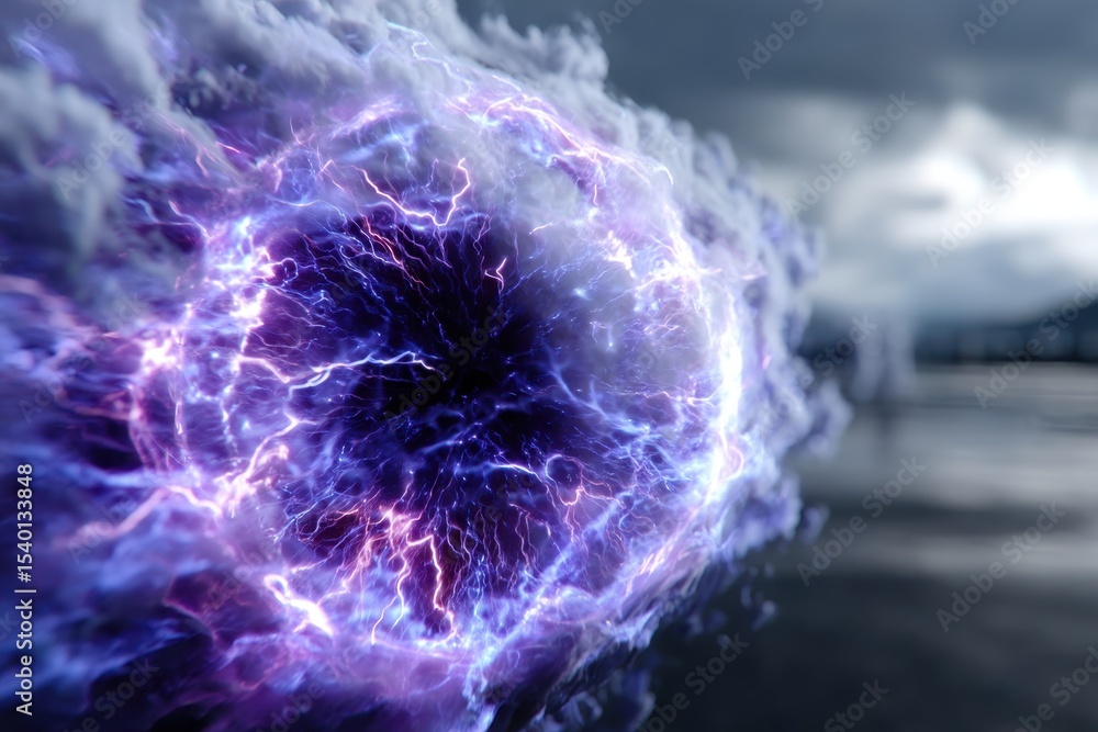 Poster vibrant energy swirl creating a dynamic visual effect near the shoreline under a cloudy sky