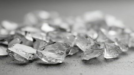 Pieces of ice melting on gray surface in black and white