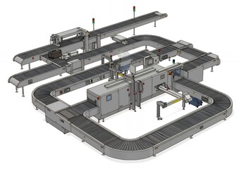 Detailed Gray Baggage Conveyor System Illustration on White Background