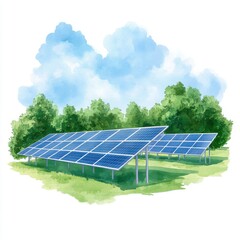 Watercolor Illustration of Solar Panels in a Green Field Under a Partly Cloudy Sky