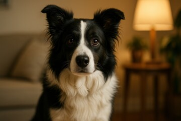 Loyal Border Collie Staring Intently in Cozy Living Room with Soft Lighting and Warm Atmosphere