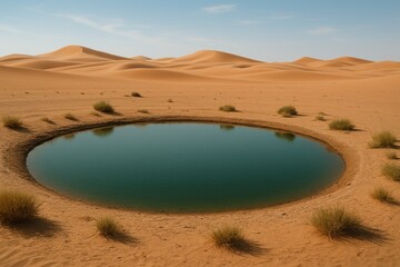 Serene Oasis in Desert Landscape Surrounded by Golden Sand Dunes and Clear Blue Sky Above
