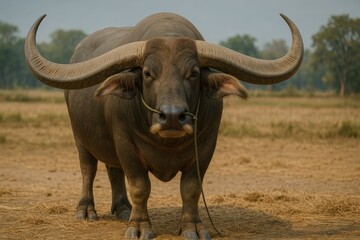 Majestic Water Buffalo in Natural Setting with Large Horns and Calm Expression in Rural Landscape