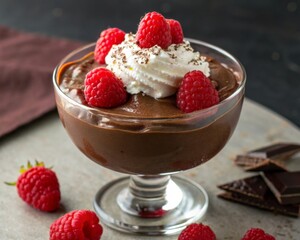 Decadent Chocolate Mousse with Raspberries and Whipped Cream in Elegant Glass Dessert Cup