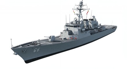Detailed Modern Naval Destroyer Ship on White Background Featuring Gray Hull and Advanced Weapon Systems in a Low Angle View