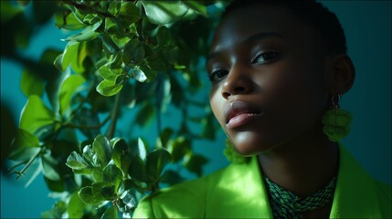 Stylish portrait of a young woman with greenery in a vibrant setting showcasing modern fashion and beauty