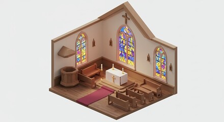 Detailed Pixel Art Isometric Church Interior with Wooden Pews Altar Red Carpet and Stained Glass Windows