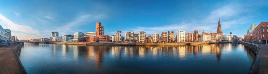Obraz premium Panoramic view of a city skyline reflected in a calm river. 