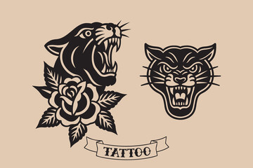 Panther heads with rose tattoo bold black vector illustration   © Victoria