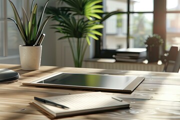 Worktable with Mockup Digital Tablet Notebooks and Plant Pot in Office Room