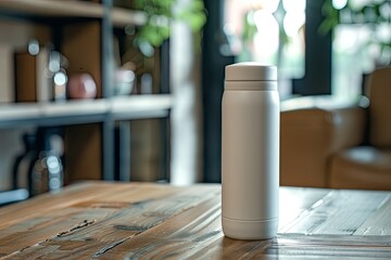 High Detail Picture of White Thermos Bottle on Wooden Table Indoors Space for Text