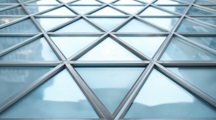 Modern glass building exterior showing triangular pattern reflecting cityscape
