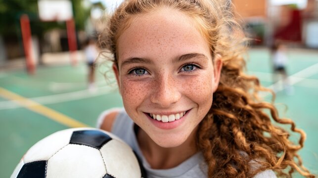 Teen girl holding soccer ball smiling