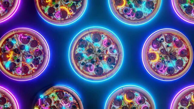 Colorful neon pizzas arranged in a circular pattern with vibrant toppings.