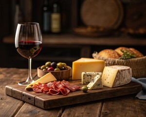 Rustic Wooden Table, Cheese and Cured Meats, Cozy Setting, Food Photography, Warm Dim Light, Close-Up View, Culinary Delight