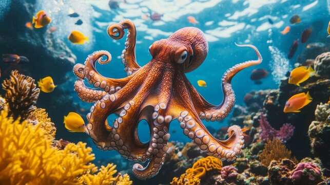 A large octopus swims past a vibrant coral reef, viewed from the bottom, with its tentacles extending through the water as it glides over the reef, surrounded by colorful fish and coral