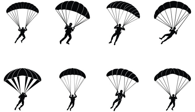 Silhouette illustration of parachutists with open parachutes showing different stages of descent and action