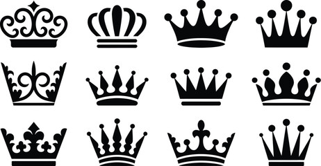 Collection of different crown designs in black silhouette on white