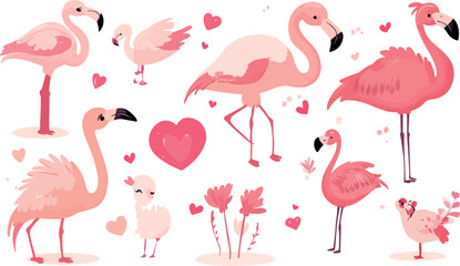 Fototapeta premium Charming Flamingo Family Illustration with Hearts and Flowers a Whimsical Design Perfect for Valentine s Day Cards Children s Books or Tropical Themed Projects Featuring