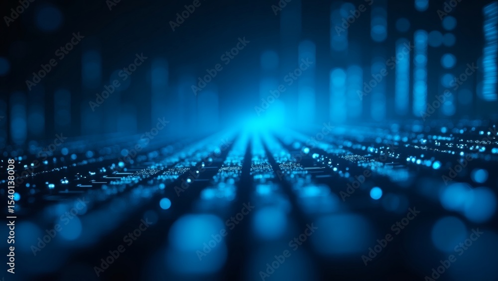 Poster Abstract digital binary code and a futuristic data stream in shades of blue, symbolizing the cutting-edge technological landscape