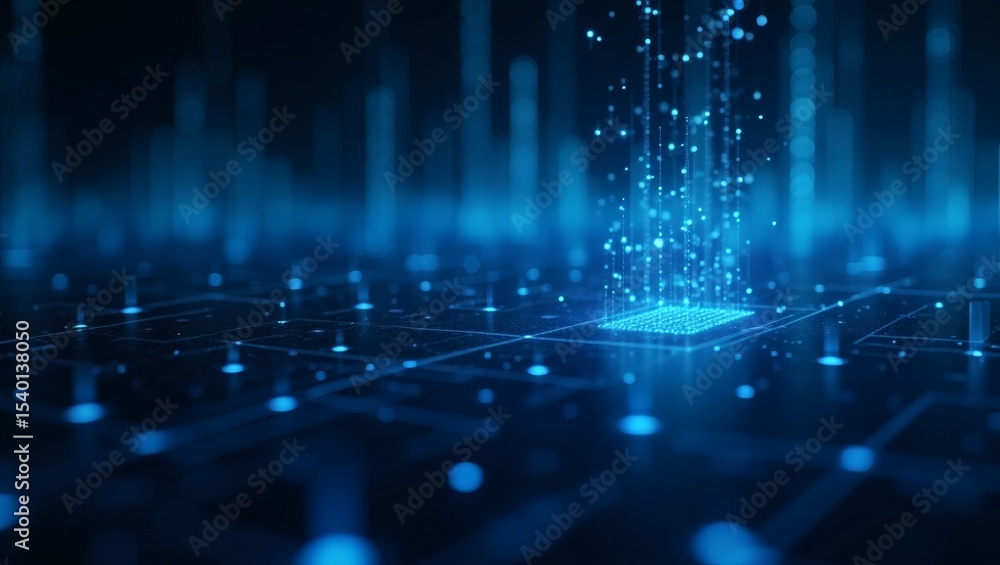 Poster abstract digital data flow into a central processing unit. blue digital streams converge on a glowin