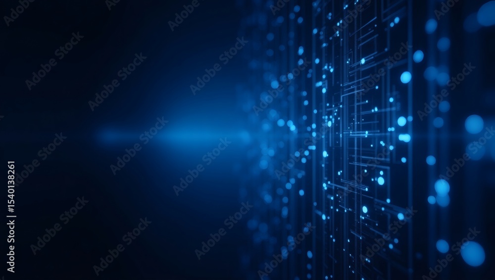 Poster abstract blue digital circuits showing connected dots and lines, symbolizing technology and communication, with depth and focus.