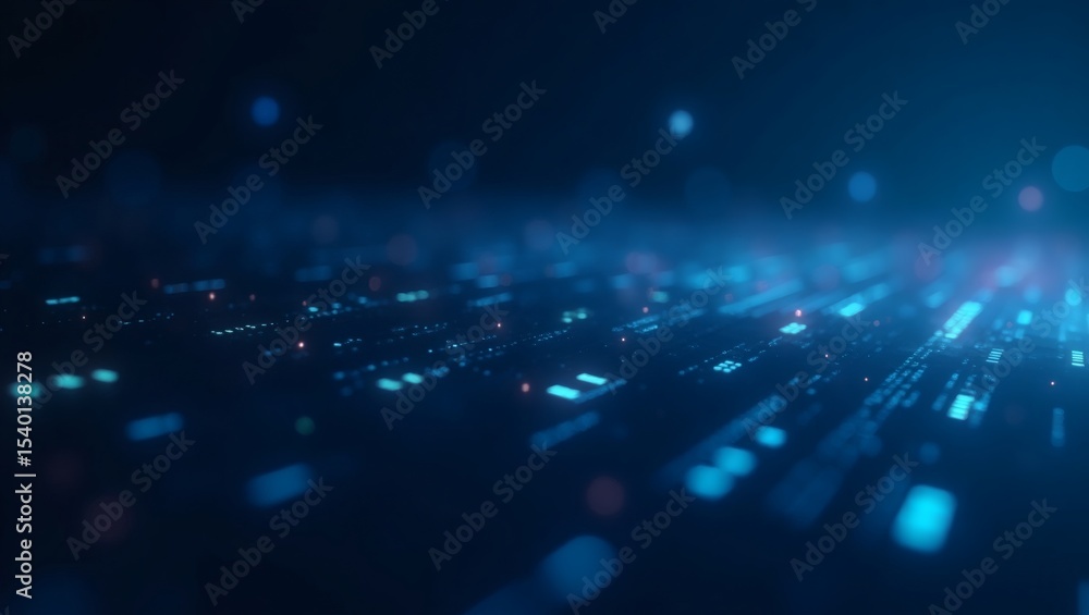 Poster futuristic digital data stream with bokeh light effects. The image showcases an array of lights, highlighting the intricate connections of digital data 