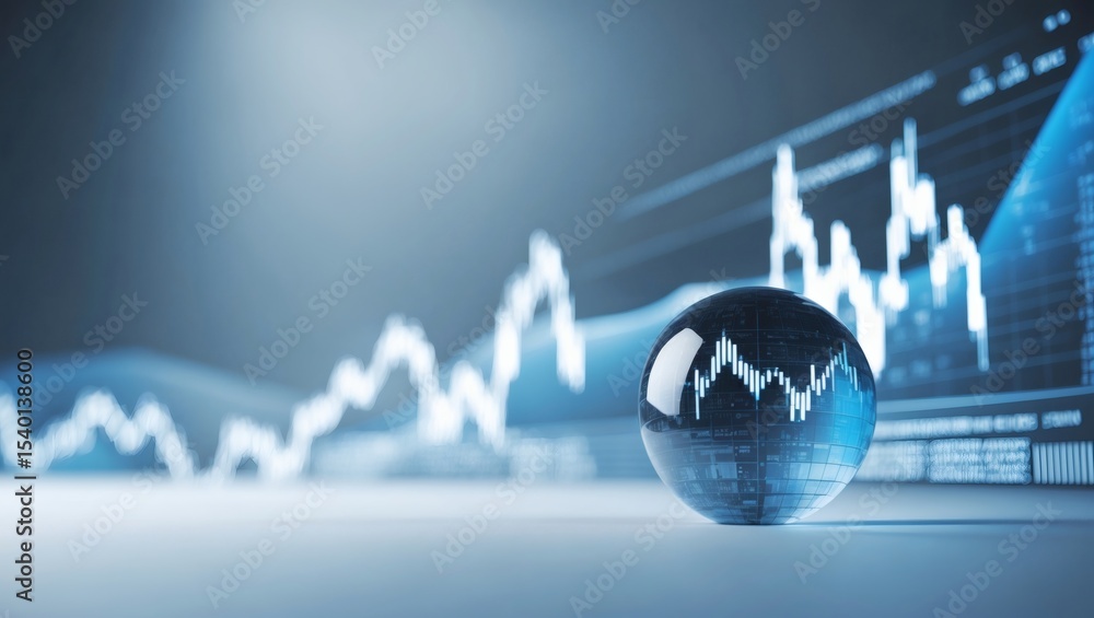 Poster a close-up of a glass sphere with the stock market charts reflection with a screen, and showing an u